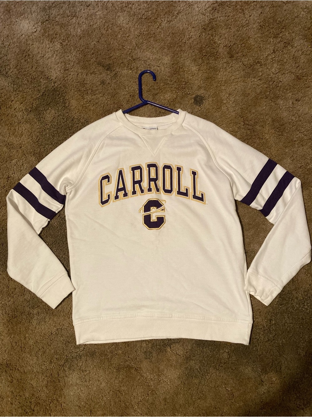 Carroll college White Crewneck Sweatshirt with Purple Lettering